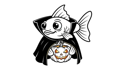 Halloween Fish: A charming cartoon fish in a spooky outfit.