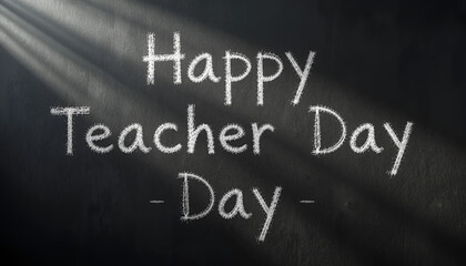 Fototapeta premium Happy teacher day message written in chalk on a blackboard, with distinct light rays creating a dramatic effect, acknowledging the importance of teachers
