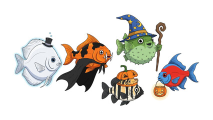 Halloween Fish: A group of vibrantly illustrated fish, whimsically dressed in Halloween costumes, swimming together in a festive aquatic scene