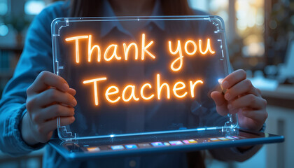 A person holds a futuristic transparent tablet displaying thank you teacher in glowing orange neon text, expressing gratitude to educators