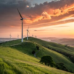 Wind turbines on rolling hills at sunset with a winding road and vibrant sky in a scenic landscape
