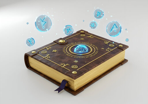Illuminated arcane tome adorned with floating runes and a central crystal portal, fantasy grimoire concept, magic spells and secret knowledge