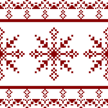 ixel Christmas Pattern with Red Snowflake Icons on White Background,Nordic and Scandinavian Style,Ideal for Gift Wrapping,Sweaters,Fabric,Border,Banner and Digital Art Projects During the Holiday