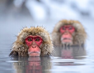 Two Japanese macaques in a hot spring