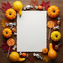 Autumn harvest arrangement with pumpkins gourds candies and maple leaves framing blank paper