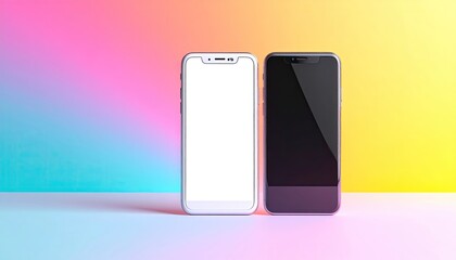 Two phones white screen, black screen. Colorful BG