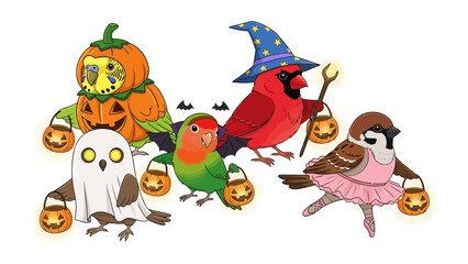 Spooky Birdie Parade: A flock of whimsical birds, each in a delightful Halloween costume, trick-or-treat their way through a fantastical scene, ready to share the spirit.