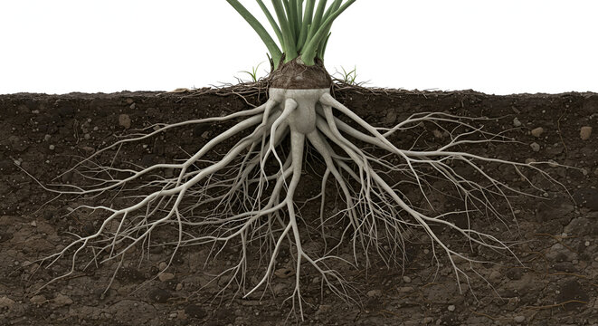X-ray style render of Pueraria mirifica (Kwao Krua) root system underground.
