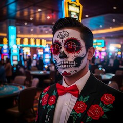 Man with skull face paint red sunglasses red bow tie and rose embroidered jacket in a brightly lit casino