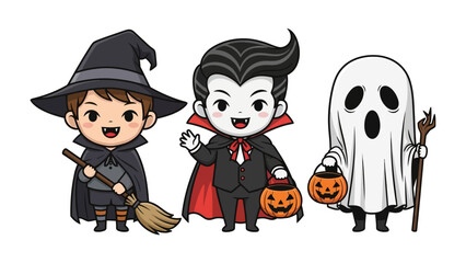 Spooky Friends: Adorable Halloween-themed illustrations featuring a witch, vampire, and ghost. Each character is rendered in a cute, cartoonish style, with exaggerated features and a cheerful.