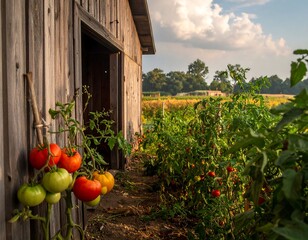 Wooden barn and tomato plants in a sunlit garden