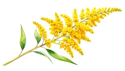 Yellow mimosa flower branch illustration on white background, botanical art concept