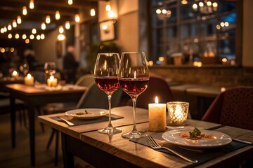 Romantic dinner setting with wine glasses roses and candles in a dimly lit restaurant ambiance