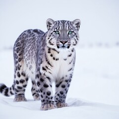 Naklejka premium Silent Snow Leopard 4K – Majestic Feline with Thick Fur and Piercing Eyes Against White Snowy Background, Minimalist and Powerful Wildlife Wallpaper