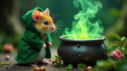 A tiny rodent wearing a verdant hooded robe observes a bubbling, emerald concoction within an ancient cauldron, amidst a mystical forest setting.