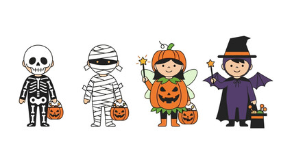 Spooky Fun: A whimsical, brightly colored illustration depicting children in an array of Halloween costumes, each ready to trick or treat in a spooky and fun atmosphere. 