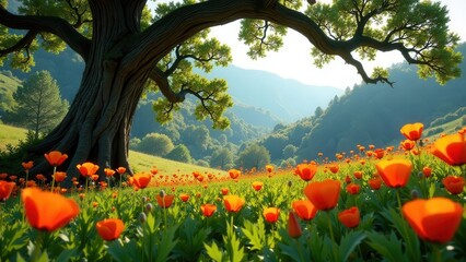 Serene Landscape Featuring a Majestic Ancient Tree and Vibrant Orange Wildflowers in a Lush Green Meadow