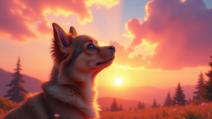 A Small Dog Gazes at a Vivid Sunset Over Rolling Hills and a Field of Flowers