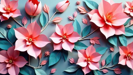 A vibrant arrangement of meticulously crafted paper flowers, showcasing delicate petals and lush foliage in a harmonious composition.