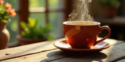 Aromatic Morning Beverage in Rustic Setting with Warm Sunlight Streaming Through Window