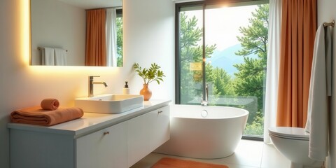 Modern bathroom design with serene forest view, featuring a freestanding bathtub, illuminated mirror, and peach-toned textiles