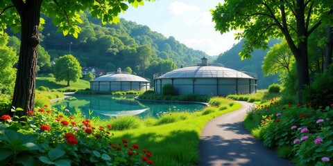 Serene landscape showcasing industrial structures nestled in a verdant valley, surrounded by vibrant flora and a tranquil pond.