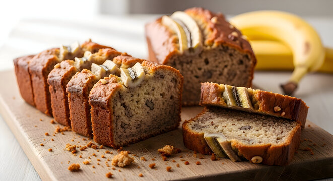 Delicious Sliced Banana Bread Loaf with Fresh Bananas on a Wooden Board. - Powered by Adobe