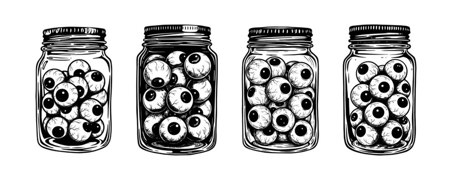 Jar of Eyeballs - Creepy Halloween Horror & Mad Scientist Illustration Set