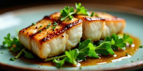 Pan-Seared Fish Fillets with Herb Garnish and Rich Sauce on a Plate