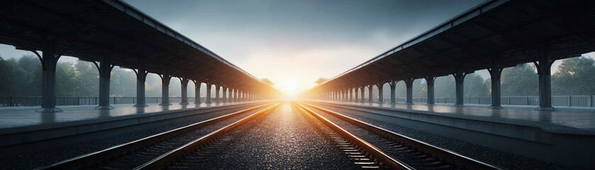 Moody train station railway track with bright sunrise light. hopeful perspective showing transportation journey into architectural future