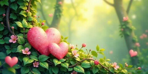 Two Pink Hearts Nestled Among Blossoming Springtime Foliage, a Tender Symbol of Love and New Beginnings in a Serene Natural Setting