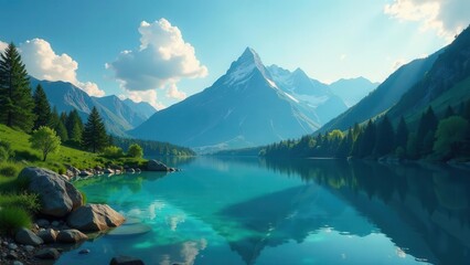 Serene mountain lake reflecting majestic peaks under a partly cloudy sky, showcasing tranquil waters and lush greenery along the shore.