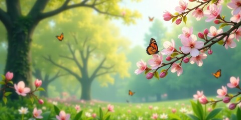 Serene Springtime Meadow with Delicate Pink Blossoms and Graceful Butterflies Dancing on a Gentle Breeze