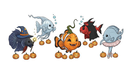 Halloween Fish Fantasy:  A charming illustration of whimsical underwater creatures celebrating Halloween. Each fish dons a festive costume. pumpkins dot the watery realm.