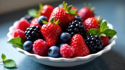 A delightful bowl brimming with a vibrant mix of fresh strawberries, raspberries, blackberries, and blueberries, a colorful summer fruit medley