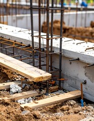 Construction site foundation, reinforcing rods, and wooden planks