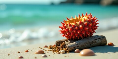 Seashore Still Life  Exotic Spiky Fruit on Driftwood with Shells and Sand near Ocean Waves
