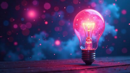 Illuminated Ideas A Glowing Bulb on a Dark Surface with Pink and Blue Abstract Background