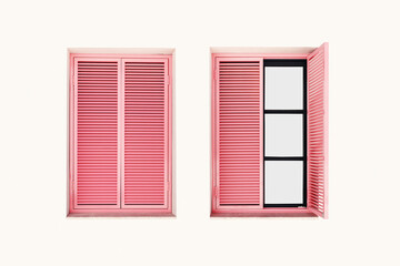 Retro Wooden Window with pink closed Shutters Jalousie on light pink background, Two Windows frame wood on outdoor wall building. Minimal monochrome design abstract house. Summer, travel concept
