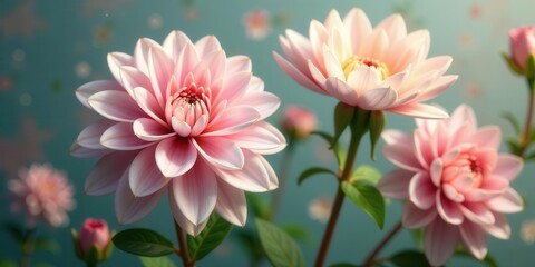 Delicate Pink Dahlias in Soft Focus, a Botanical Close-Up Featuring Vibrant Petals and Lush Green Foliage, Evoking a Sense of Serenity and Natural Beauty