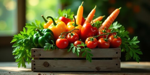 A rustic wooden crate overflowing with vibrant, freshly harvested vegetables including bell peppers, ripe tomatoes, and carrots, garnished with fresh herbs, bathed in soft, natural light