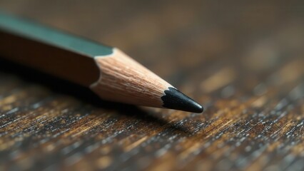 Close-up View of a Sharpened Dark Graphite Pencil Resting on a Dark Wooden Surface