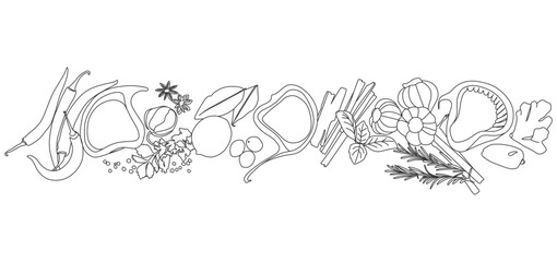 Black and white line art illustration of assorted herbs and spices, including chili peppers, nutmeg, star anise, citrus slices, cinnamon sticks, basil leaves, rosemary, pumpkin, and ginger