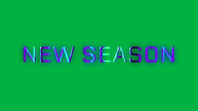 Animation of new season text in shining purple and green letters, on transparent background