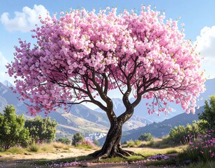 A vibrant pink tree blooms in a scenic valley