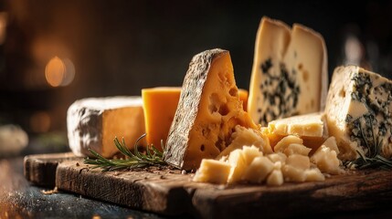 Assortment Of Cheeses On Wooden Board