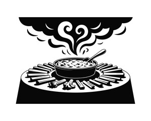 Stylized black and white illustration of a steaming bowl of dip surrounded by dippers on a circular platter
