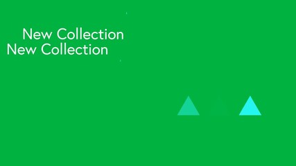 Animation of new collection text in white repeated, with blue shapes on transparent background - Powered by Adobe