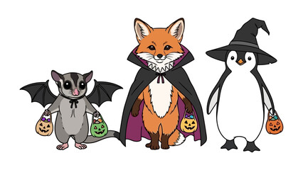 Fototapeta premium Trick-or-Treat Squad: An adorable illustration of three animals, dressed in their Halloween best, ready to gather treats. The playful characters set against a backdrop of spooky enchantment.