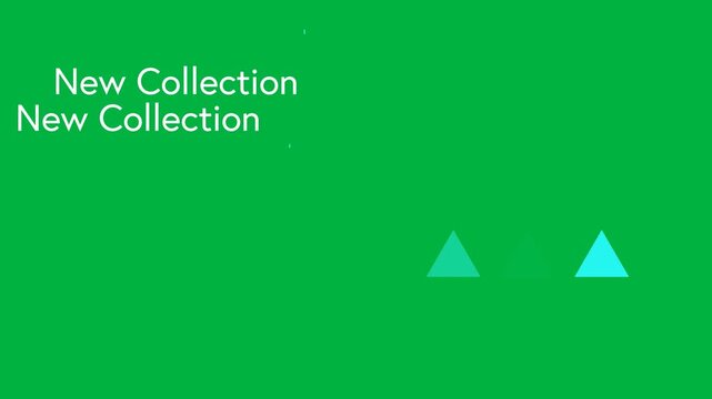 Animation of new collection text in white repeated, with blue shapes on transparent background